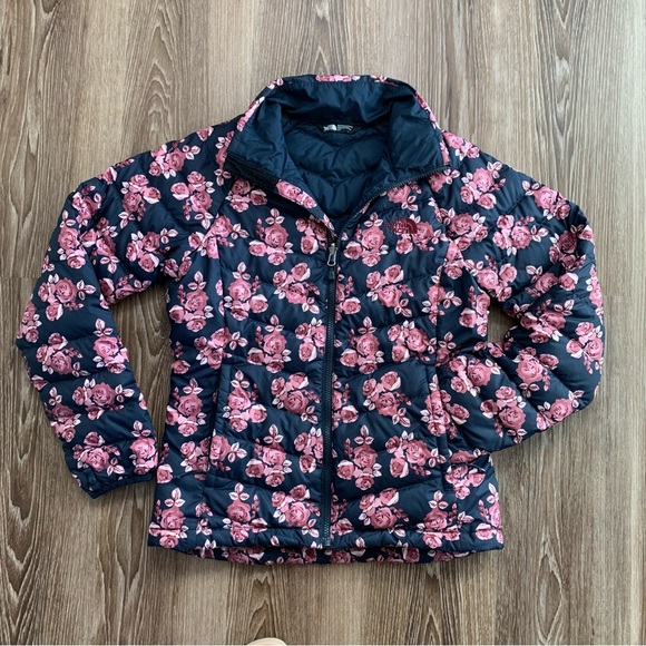 The North Face Womens Down Full Zip Puffer Jacket Floral Print Navy Pink Small - Picture 3 of 16
